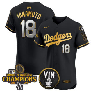 Men's Los Angeles Dodgers #18 Yoshinobu Yamamoto Black Gold 2024 World Series Champions With Vin Patch Vapor Limited Stitched Baseball Jersey