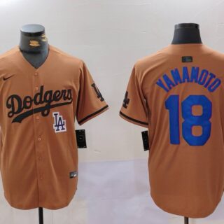 Men's Los Angeles Dodgers #18 Yoshinobu Yamamoto Brown Cool Base Stitched Baseball Jerseys