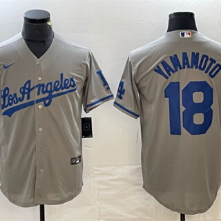 Men's Los Angeles Dodgers #18 Yoshinobu Yamamoto Grey Cool Base With Patch Stitched Baseball Jersey