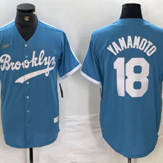 Men's Los Angeles Dodgers #18 Yoshinobu Yamamoto Light Blue Throwback Cool Base Stitched Baseball Jersey