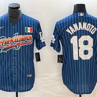 Men's Los Angeles Dodgers #18 Yoshinobu Yamamoto Navy Cool Base With Patch Stitched Baseball JerseyS 1