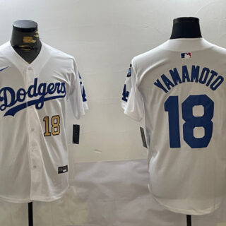 Men's Los Angeles Dodgers #18 Yoshinobu Yamamoto White 2024 World Series With Fernando Memorial Patch Home Limited Stitched Baseball Jerseys