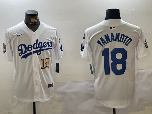 Men's Los Angeles Dodgers #18 Yoshinobu Yamamoto White 2024 World Series With Fernando Memorial Patch Home Limited Stitched Baseball Jerseys