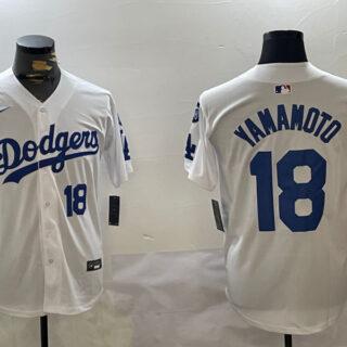 Men's Los Angeles Dodgers #18 Yoshinobu Yamamoto White 2024 World Series With Fernando Memorial Patch Home Limited Stitched Baseball Jersey