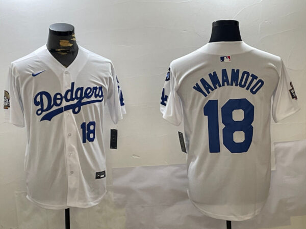 Men's Los Angeles Dodgers #18 Yoshinobu Yamamoto White 2024 World Series With Fernando Memorial Patch Home Limited Stitched Baseball Jersey