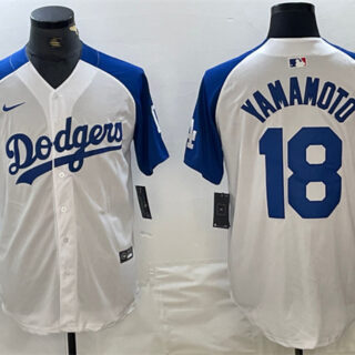 Men's Los Angeles Dodgers #18 Yoshinobu Yamamoto White Blue Vin Patch Cool Base Stitched Baseball Jersey