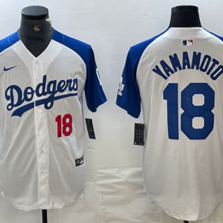 Men's Los Angeles Dodgers #18 Yoshinobu Yamamoto White Blue Vin Patch Cool Base Stitched Baseball Jersey