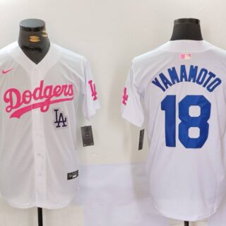 Men's Los Angeles Dodgers #18 Yoshinobu Yamamoto White Pink Vin & Kobe Patch Stitched Baseball Jerseys