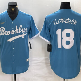 Men's Los Angeles Dodgers #18 山本由伸  Yoshinobu Light Blue Throwback Cool Base Stitched Baseball Jersey