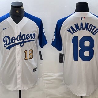 Men's Los Angeles Dodgers #18 山本由伸  Yoshinobu White Blue Vin Patch Cool Base Stitched Baseball Jersey