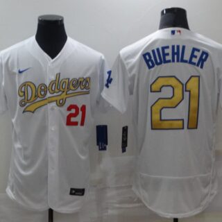 Men's Los Angeles Dodgers #21 Walker Buehler 2020 White Gold Sttiched Nike MLB Jersey