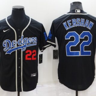 Men's Los Angeles Dodgers #22 Clayton Kershaw Black Cool Base Stitched Baseball Jersey