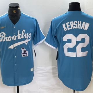 Men's Los Angeles Dodgers #22 Clayton Kershaw Light Blue Throwback Cool Base Stitched Baseball Jerseys