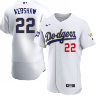 Men's Los Angeles Dodgers #22 Clayton Kershaw Nike White Gold 2021 Gold Program Flexbase Jersey