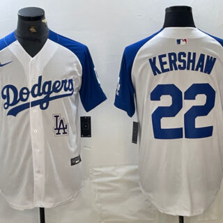 Men's Los Angeles Dodgers #22 Clayton Kershaw White Blue Vin Patch Cool Base Stitched Baseball Jersey