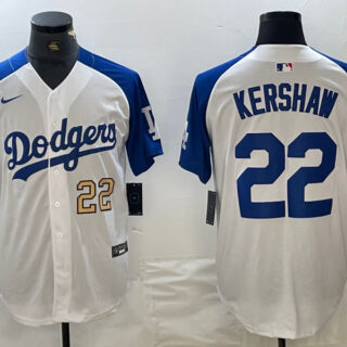 Men's Los Angeles Dodgers #22 Clayton Kershaw White Blue Vin Patch Cool Base Stitched Baseball Jersey