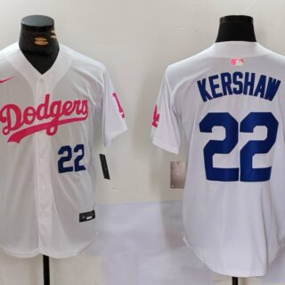 Men's Los Angeles Dodgers #22 Clayton Kershaw White Pink Vin & Kobe Patch Stitched Baseball Jerseys