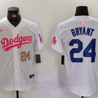 Men's Los Angeles Dodgers #24 Kobe Bryant White Pink Vin & Kobe Patch Stitched Baseball Jerseys