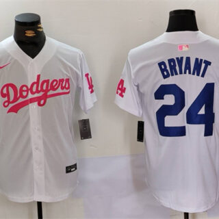 Men's Los Angeles Dodgers #24 Kobe Bryant White Pink Vin & Kobe Patch Stitched Baseball Jersey