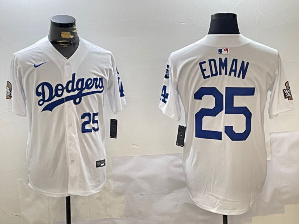 Men's Los Angeles Dodgers #25 Tommy Edman White 2024 World Series With Fernando Memorial Patch Home Limited Stitched Baseball Jerseys
