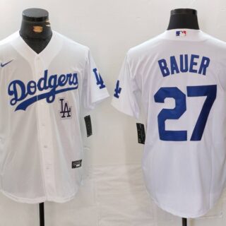 Men's Los Angeles Dodgers #27 Trevor Bauer White Stitched Baseball Jersey