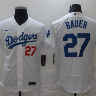 Men's Los Angeles Dodgers #27 Trevor Bauer White Stitched MLB Flex Base Nike Jersey