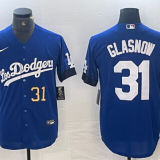 Men's Los Angeles Dodgers #31 Tyler Glasnow Blue City Connect Cool Base Stitched Baseball Jersey