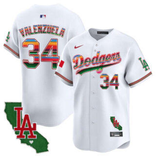 Men's Los Angeles Dodgers #34 Fernando Valenzuela White Mexico California Patch Vapor Premier Limited Stitched Baseball Jersey