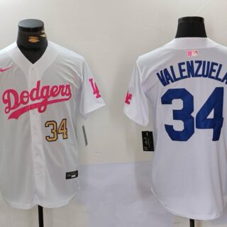 Men's Los Angeles Dodgers #34 Fernando Valenzuela White Pink Vin & Kobe Patch Stitched Baseball Jerseys