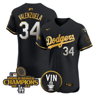 Men's Los Angeles Dodgers #34 Toro Valenzuela Black Gold 2024 World Series Champions With Vin Patch Vapor Limited Stitched Baseball Jersey