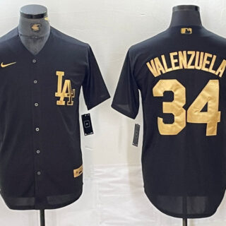 Men's Los Angeles Dodgers #34 Toro Valenzuela Black Gold Cool Base Stitched Baseball Jersey