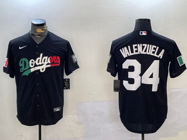 Men's Los Angeles Dodgers #34 Toro Valenzuela Black Mexico 2024 World Series With No. 34 Patch Cool Base Stitched Baseball Jerseys