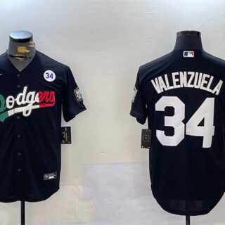 Men's Los Angeles Dodgers #34 Toro Valenzuela Black Mexico 2024 World Series With No. 34 Patch Cool Base Stitched Baseball Jersey