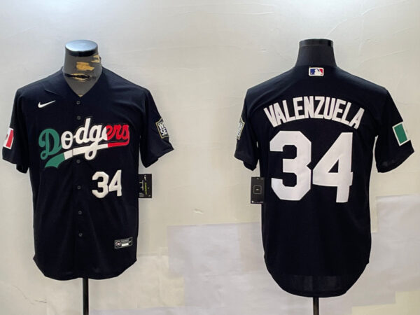Men's Los Angeles Dodgers #34 Toro Valenzuela Black Mexico 2024 World Series With No. 34 Patch Cool Base Stitched Baseball Jerseys