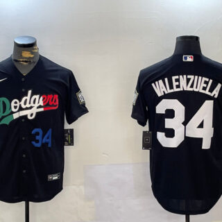 Men's Los Angeles Dodgers #34 Toro Valenzuela Black Mexico 2024 World Series With No. 34 Patch Cool Base Stitched Baseball Jerseys