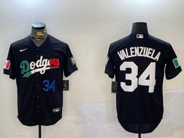 Men's Los Angeles Dodgers #34 Toro Valenzuela Black Mexico 2024 World Series With No. 34 Patch Cool Base Stitched Baseball Jerseys