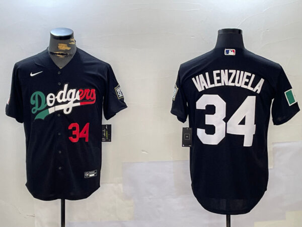 Men's Los Angeles Dodgers #34 Toro Valenzuela Black Mexico 2024 World Series With No. 34 Patch Cool Base Stitched Baseball Jerseys