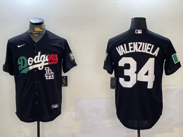 Men's Los Angeles Dodgers #34 Toro Valenzuela Black Mexico 2024 World Series With No. 34 Patch Cool Base Stitched Baseball Jerseys