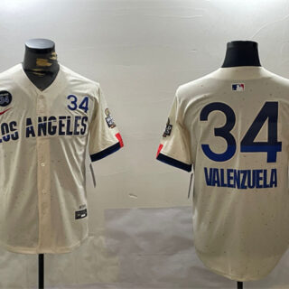 Men's Los Angeles Dodgers #34 Toro Valenzuela Cream 2024 World Series With Fernando Memorial Patch City Connect Limited Stitched Baseball Jersey