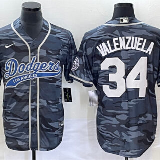 Men's Los Angeles Dodgers #34 Toro Valenzuela Gray Camo Cool Base With Patch Stitched Baseball Jersey