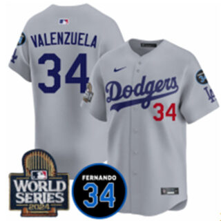Men's Los Angeles Dodgers #34 Toro Valenzuela Grey 2024 World Series With Fernando Memorial Patch Limited Stitched Baseball Jersey