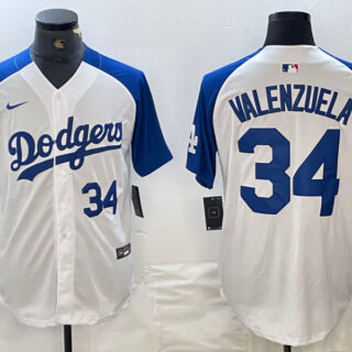 Men's Los Angeles Dodgers #34 Toro Valenzuela White Blue Vin Patch Cool Base Stitched Baseball Jersey