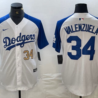 Men's Los Angeles Dodgers #34 Toro Valenzuela White Blue Vin Patch Cool Base Stitched Baseball Jersey