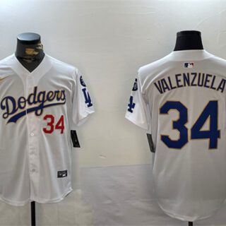 Men's Los Angeles Dodgers #34 Toro Valenzuela White Gold 2024 World Series Champions With Fernando Memorial Patch Home Limited Stitched Baseball Jersey