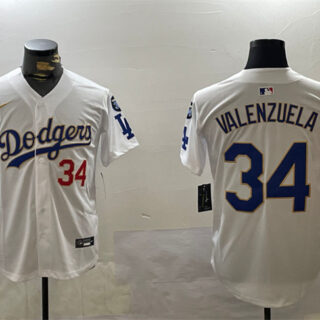 Men's Los Angeles Dodgers #34 Toro Valenzuela White Gold 2024 World Series With Fernando Memorial Patch Home Limited Stitched Baseball Jersey