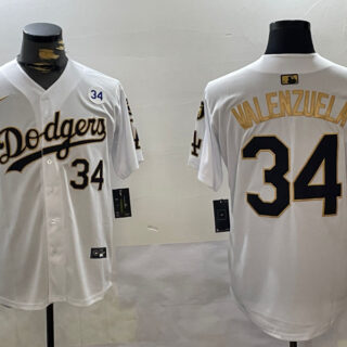 Men's Los Angeles Dodgers #34 Toro Valenzuela White Gold 2024 World Series With Fernando Memorial Patch Limited Stitched Baseball Jerseys