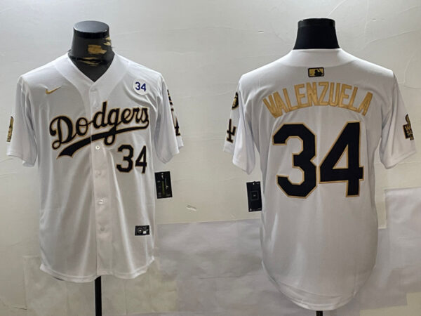 Men's Los Angeles Dodgers #34 Toro Valenzuela White Gold 2024 World Series With Fernando Memorial Patch Limited Stitched Baseball Jerseys