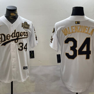 Men's Los Angeles Dodgers #34 Toro Valenzuela White Gold 2024 World Series With Fernando Memorial Patch Limited Stitched Baseball Jerseys