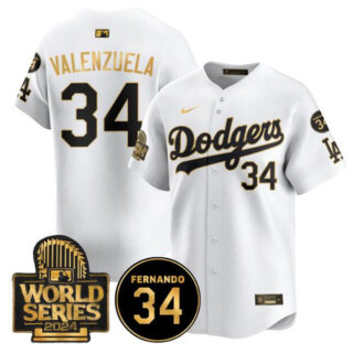 Men's Los Angeles Dodgers #34 Toro Valenzuela White Gold 2024 World Series With Fernando Memorial Patch Limited Stitched Baseball Jersey