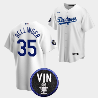 Men's Los Angeles Dodgers #35 Cody Bellinger 2022 White Vin Scully Patch Cool Base Stitched Baseball Jersey
